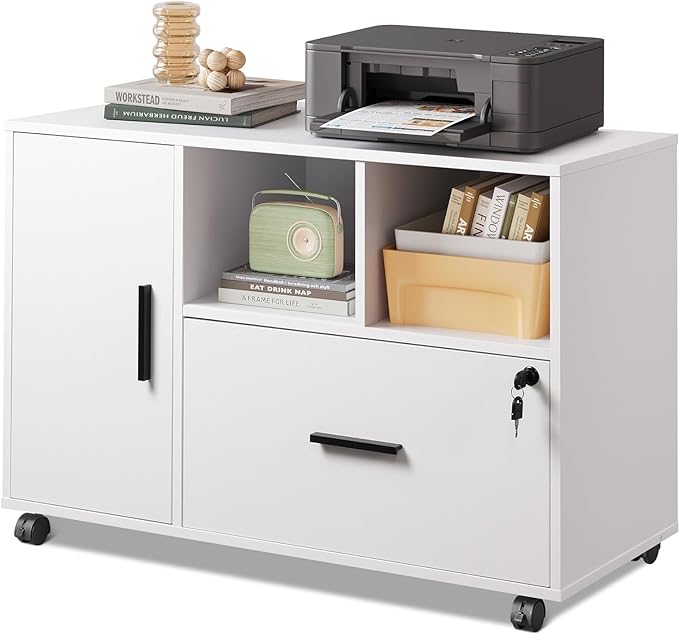 DEVAISE Office File Cabinet with Lock, 1-Drawer Wood Lateral Filing Cabinet on Wheels, Printer Stand with Open Storage Shelves for Home Office, White