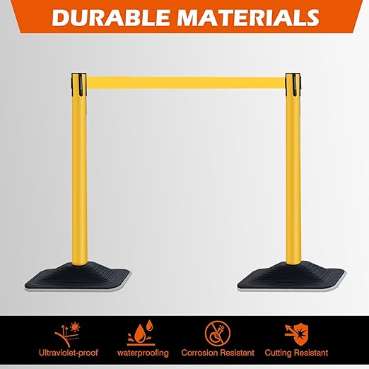 4 Pack Yellow Crowd Control Stanchion Set with 10FT Retractable Belt, Space-Saving Heavy Rectangular Base, Traffic Barrier Posts for Safety & Queue Management