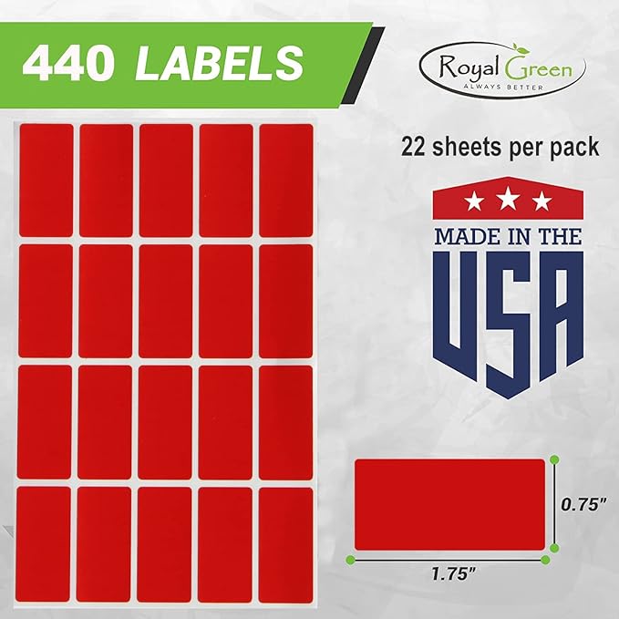 Royal Green Rectangular Label Stickers Adhesive Rectangles in 22 Assorted Colors 40mm x 19mm (1.57 inch x 0.75) Great for Office use - 440 Pack
