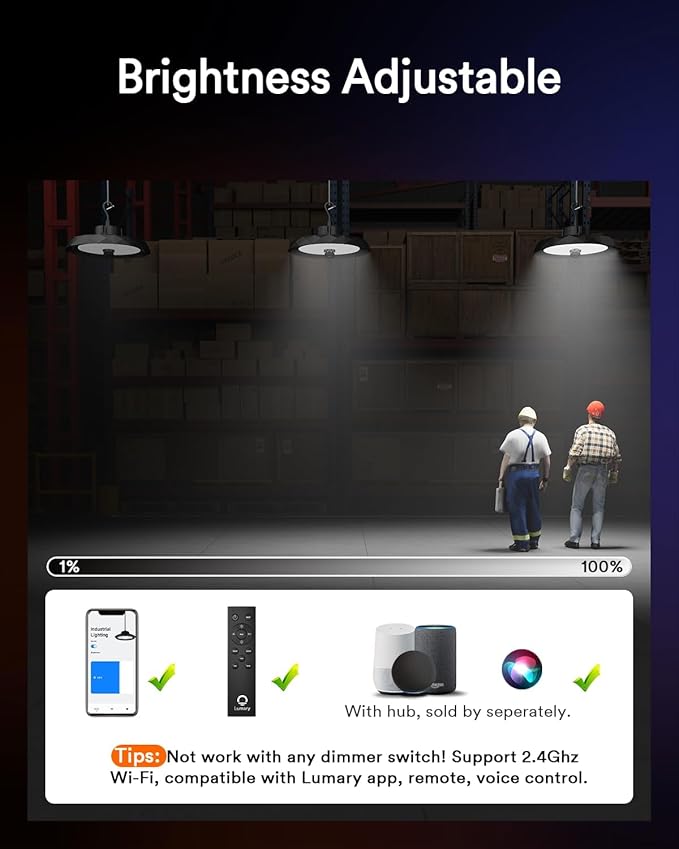 Lumary 32,000lm Smart Shop Light for Garage w/Motion Sensor 200W, Compatible with Alexa via Hub-Not Included, Bluetooth UFO LED High Bay Light Metal, 120-277V Brightness Dimmable, 5000K for Workshop