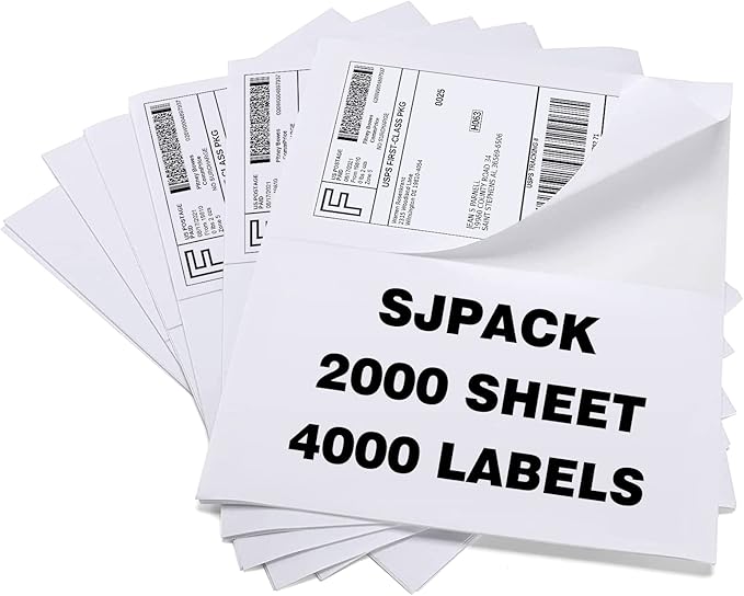SJPACK Half Page Self Adhesive Shipping Labesl, 8.5" x 5.5" Labels Compatible Laser & Inkjet Printers 2 Label Per Sheet (2000 sheets-4000 Label)