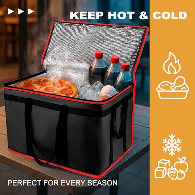mosago 2PK Insulated Food Delivery Bag - Reusable Thermal Cooler Grocery Bags for Catering & Delivery, Pizza Carrier for Events, Large Capacity Bag Keeps Food Hot/Cold, Commercial, Black with Red Trim