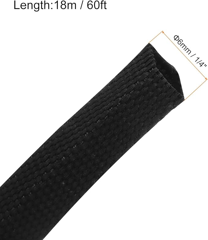 MECCANIXITY Braided Cable Sleeves Heat Shrinkable Fabric Sleeving, 1/4" 60ft Black 2:1 Ratio Heat Shrinkable Cord Protector for Harness Cable, Network Cable Protection, Cable Management