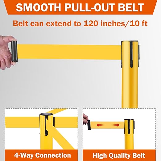 4 Pack Yellow Crowd Control Stanchion Set with 10FT Retractable Belt, Space-Saving Heavy Rectangular Base, Traffic Barrier Posts for Safety & Queue Management