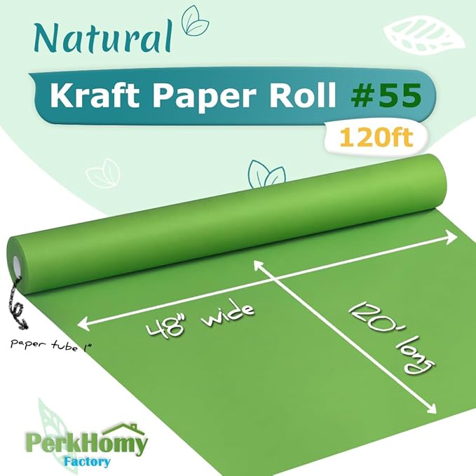 PerkHomy 48" x 1,440" (120') Medium Green Kraft Paper Roll for Craft Bulletin Board Paper Art Table Covering Crafting Gift Wrapping Bouquet Packing Parcel 80GSM 55LB (Medium Green, 48" x 120')