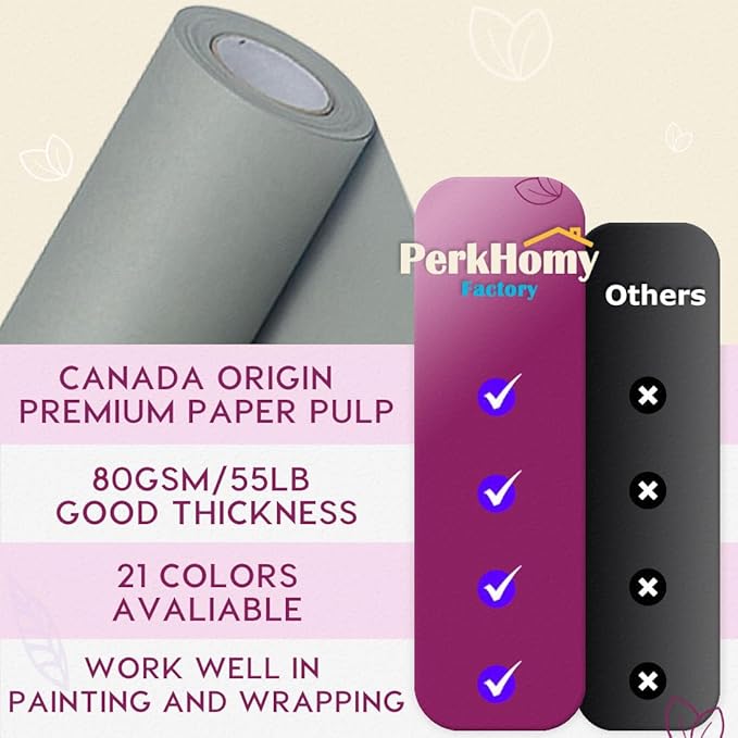 PerkHomy 17.8" x 1,440" (120') Light Grey Kraft Paper Roll for Craft Bulletin Board Paper Art Table Covering Crafting Gift Wrapping Bouquet Packing Parcel 80GSM 55LB (Light Grey, 17.8" x 120')