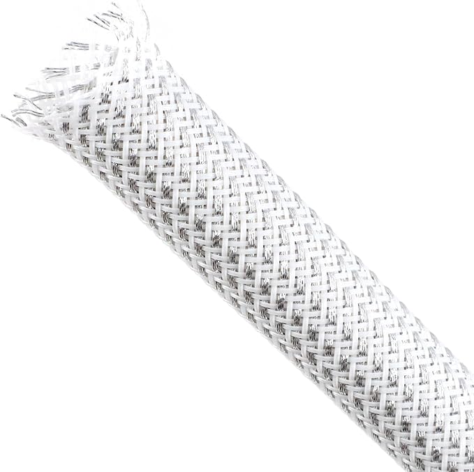 Braided Cable Sleeving, PET Expandable Braided Cable Sleeve, Flexible Mesh Sleeving Cord Management for Audio Video and Other Home Device, Cord Protector from Pets (White Silver, 13/16" x 25ft)