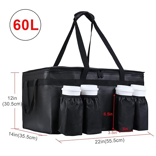 Insulated Food Delivery Bag with 4 Cup Holders, XX-Large Insulated Grocery Bags Keep Food Hot/Cold, Cooler Bags with Drink Carrier, Food Carrier Catering Bag, Commercial Food Warmers, Black