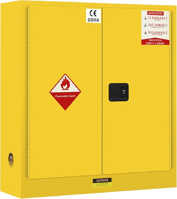 60 Gallon Yellow Flammable Storage Cabinet, Fireproof Steel Chemical Storage Locker with Adjustable Shelves, for Flammable Liquids, Industrial Use, Free Returns!
