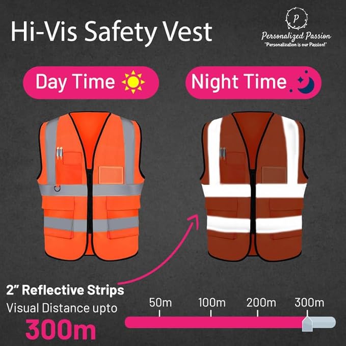 Personalized Safety Vest with Name & Logo - High Visibility Vest for Men & Women - 2” Wide Reflective Strips & 5 Pockets