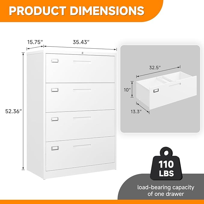 File Cabinet 4 Drawer, Lateral Filing Cabinet with Lock, Metal File Cabinets for Home Office, Office Cabinet for Hanging Files Letter/Legal/F4/A4, Assembly Required, White