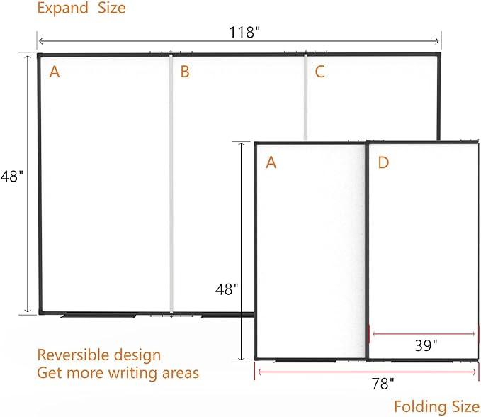 Large White Board for Wall,Magnetic Dry Erase Whiteboard,Foldable 118x48 Inches,Black Aluminum Frame, with 3PCS Detachable Marker Trays for Office and Home
