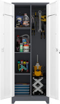 LUCYPAL Metal Garage Storage Cabinet,Broom Closet Storage Cabinet with Locking Doors and Shelves,Cleaning Tool Cabinets with Hanging Rods for Kitchen,Garage,White&Grey 65" H