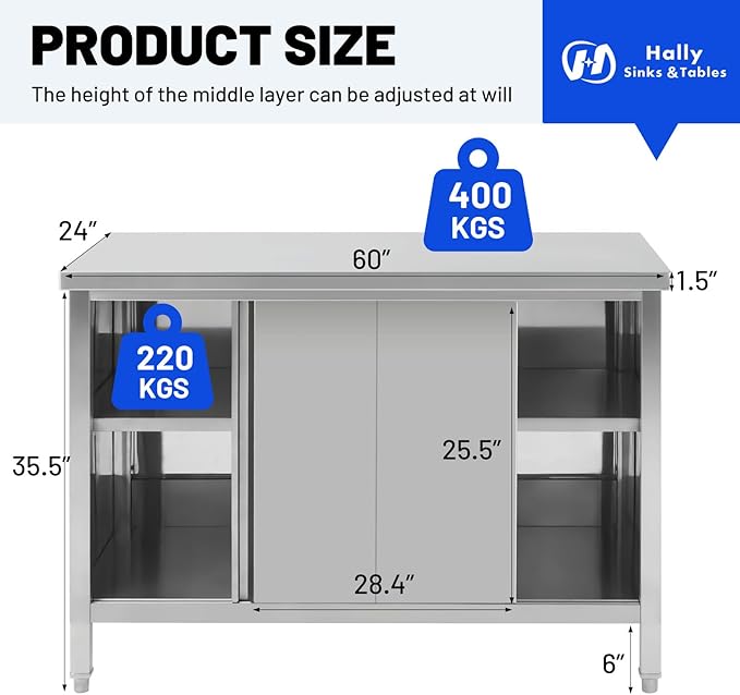 Hally Stainless Steel Cabinet, 24" x 60" NSF Commercial Heavy Duty Prep Workbench with Two Sliding Doors, Large Storage Cabinet, Metal Table for Kitchen, Restaurant, Garage