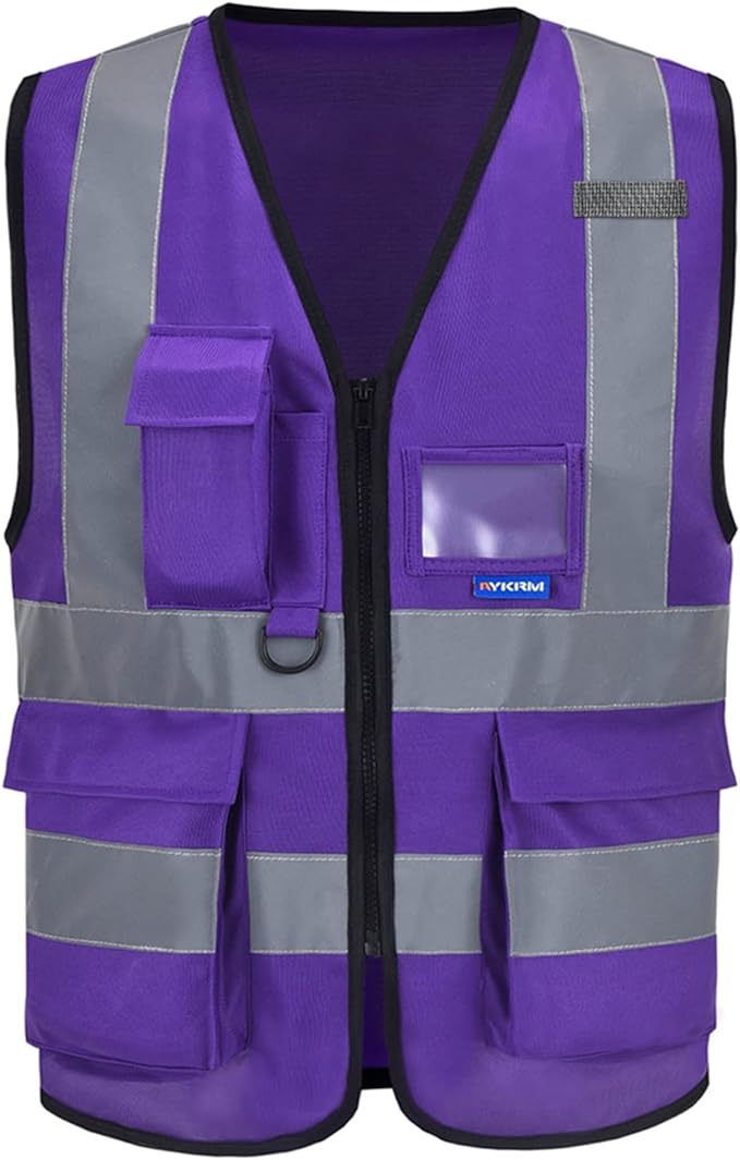 A-SAFETY Purple High Visibility Safety Vest with 4 Reflective Strips 7 Pockets,Small