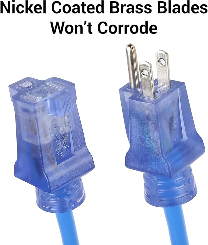 Clear Power 50 ft 14/3 SJTW -50°C Extreme Cold Weather Outdoor Extension Cord, Blue, Grounded Plug, Lighted Connector, Ideal for Snow Blowers & Power Tools, DCOC-0077-DC
