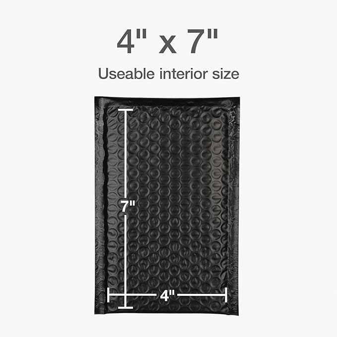 Quality Park Bubble Mailers, 4 x 8 Shipping Envelopes, Self-Seal, Small Black Padded Envelopes, Redi-Strip Peel Off Closure, 50 Per Box (1002352)