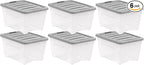 Amazon Basics Plastic Storage Containers with Secure Latching Lids, Stackable Organization Bins, 32 Quart, Set of 6, Clear/Grey