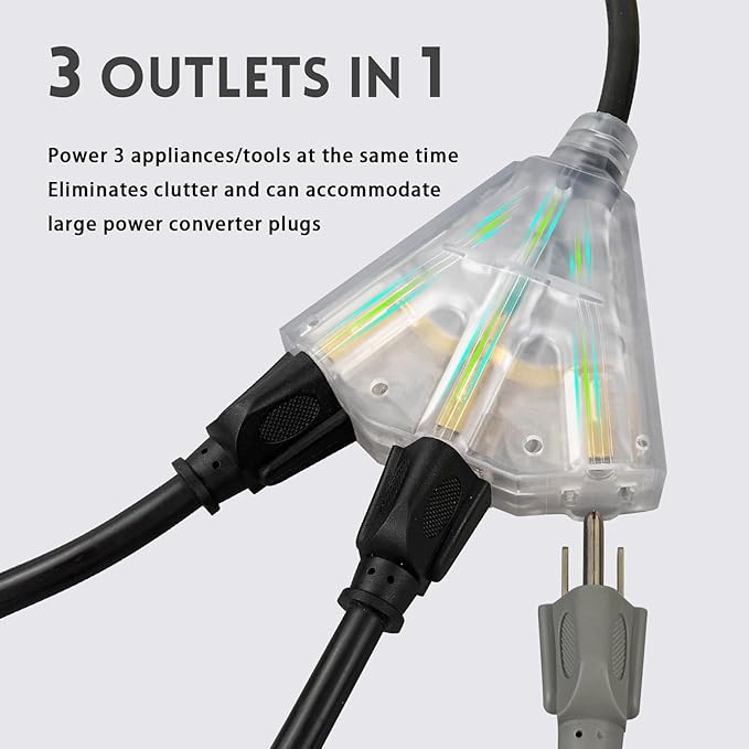 EP 10 Ft Lighted Outdoor Extension Cord with 3 Electrical Power Outlets - 14/3 SJTW Heavy Duty Black Extension Cable with 3 Prong Grounded Plug - Power Cord for Lawn, Garden, Appliances