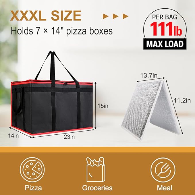 mosago Insulated Food Delivery Bag - Reusable Thermal Cooler Grocery Bags for Catering & Delivery, Pizza Carrier for Events, Large Capacity Bag Keeps Food Hot/Cold (Black with Red Trim, with Base)