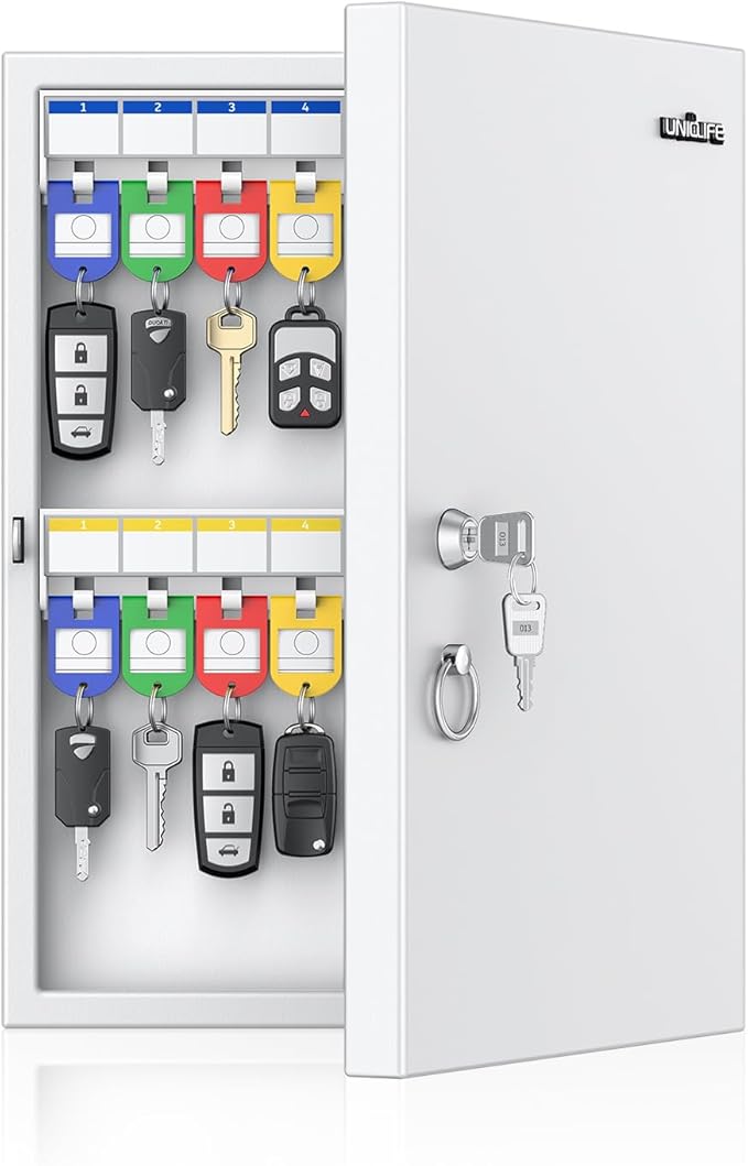 Uniclife 32 Position White Key Lock Box, Wall Mount Key Box, Car Key Organizer with Writable Key Racks and Tags, Security Key Cabinet, Car Key Holder Storage Box for Office Hotel & Company
