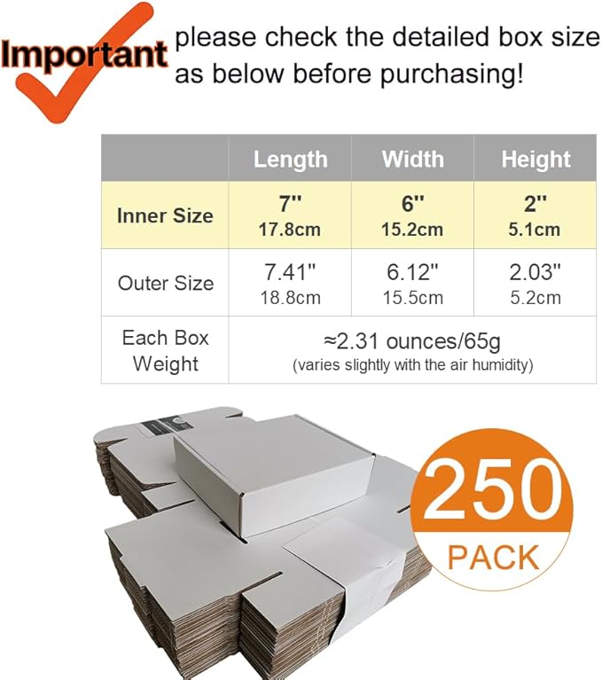 250 Pack 7x6x2'' Small Shipping Boxes, Corrugated Cardboard Mailers for Business, White (CM762-250)