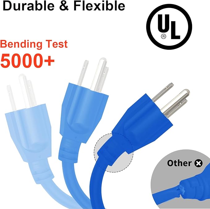Outdoor Extension Cord Waterproof 50 FT, Blue 14/3 SJTW Heavy Duty, Flexible 100% Copper 3 Prong Extension Cord for Lawn, Garage,UL Listed