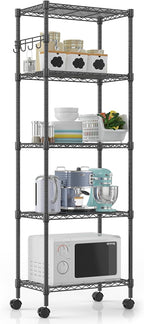 Himimi 5-Tier Wire Shelving Unit on Wheels, Adjustable Heavy Duty Metal Shelves with Side Hooks, Metal Organization Wire Rack for Kitchen Garage Basement, 13" L x 23" W x 72" H, Black