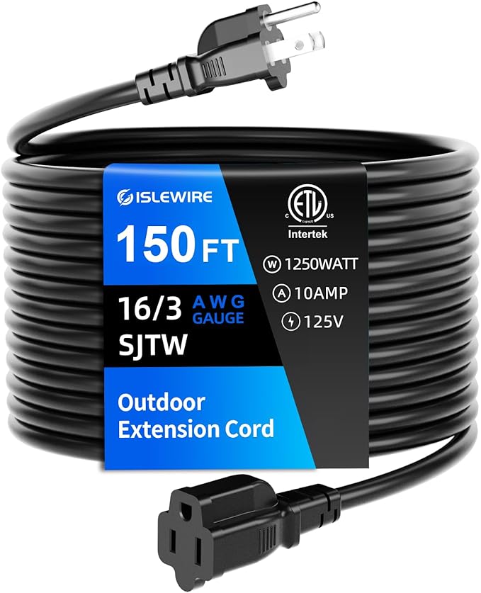 150 FT Outdoor Extension Cord Waterproof, Black, 3-Prong Power Cord, 16 AWG SJTW, 10A 1250W, Grounded, General Purpose Long Extension Cord for Lawn & Garden