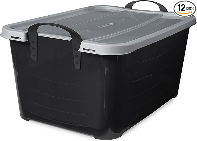 Life Story 12 Pack Heavy Duty Stackable Storage Bin, 55 Quart Home Organizer, Versatile Lightweight Locking Bins with Carrying Handles, Black/Gray