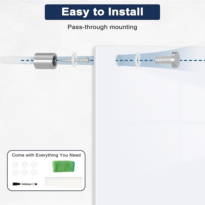 Magnetic Glass Whiteboard, 4' x 3' Glass Dry Erase Board for Wall, 48" x 36" Large Frameless White Board with 1 Marker Tray and 3 Magnets for Office, Home, Classroom - Ultra White