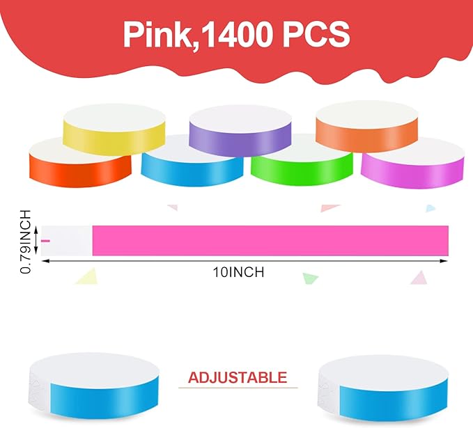 1400 Pack Neon Wristbands - Waterproof Paper Bracelets for Events & Concerts (Pink)