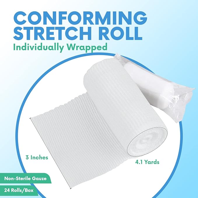 HEALQU Premium Gauze Rolls - 3' x 4.1 Yards - 24 Rolls, Individually Wrapped Conforming Stretch Gauze Bandage - Super Soft Woven Stretch Bandages for Primary Wound Dressing Support