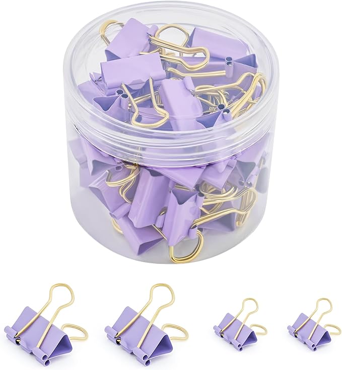 BAYTORY 40Pcs Purple Binder Clips, Binder Clips Assorted Sizes, Medium Small Binder Paper Clamps Combination, with Clear Storage Container, for School Teachers Office Supplies (Purple)