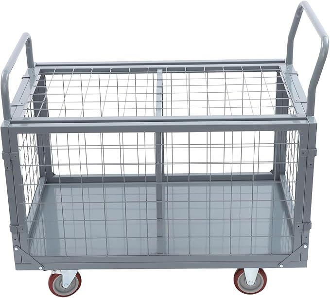 2000lbs Capacity 5-in-1 Heavy Duty Folding Platform Truck, Industrial Utility Cart with Removable Cage & 4 Casters, Hand Push Wagon for Warehouse, Garage, Retail Moving