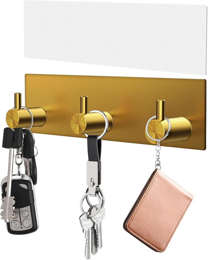 VIS'V Key Holder Wall Mount, Small Metal Self Adhesive Key Hanger with 3 Hooks, No Drilling, Extra Adhesive Strip, Gold
