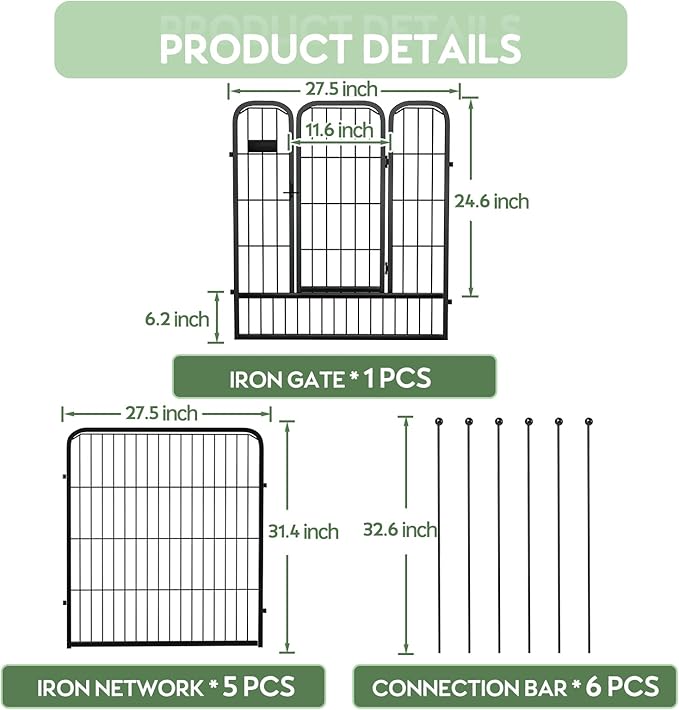 ZXMOTO Outdoor Garden Fence with Gate 6 Pack 32in(H) x14ft(L) Heavy Duty Metal, Decorative Outdoor Yard Fencing for Dogs, Temporary Dog Fence for Backyard, Patio & Garden Beds Easy Setup