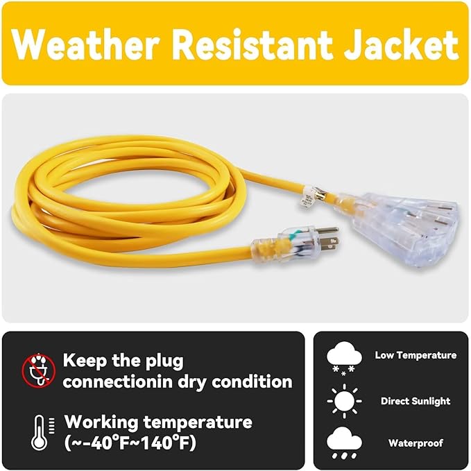 EP 10 Ft 12 Gauge Heavy Duty Extension Cord, 15A 125V 1875W, 3 Outlet Indoor/Outdoor Power Cord with Lighted End, 12/3 SJTW Weatherproof Yellow, UL Listed