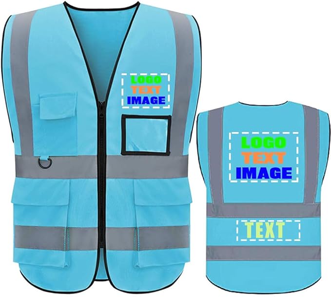 High Visibility Safety Reflective Vest with Pockets and Zipper Construction Hi Vis Work Vest(Blue 2XL)