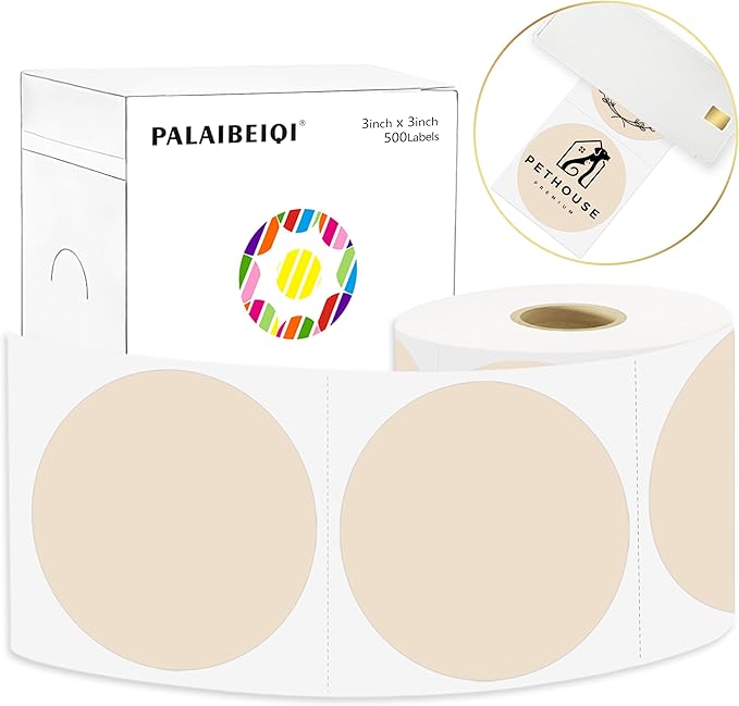 3 X 3 Inch Round Thermal Labels Circle Color Coding Labels Printable Waterproof 500PCS Round Stickers Adhesive Writable for Office, Home, Garage, DIY Sticker, Name Tag, Light Brown