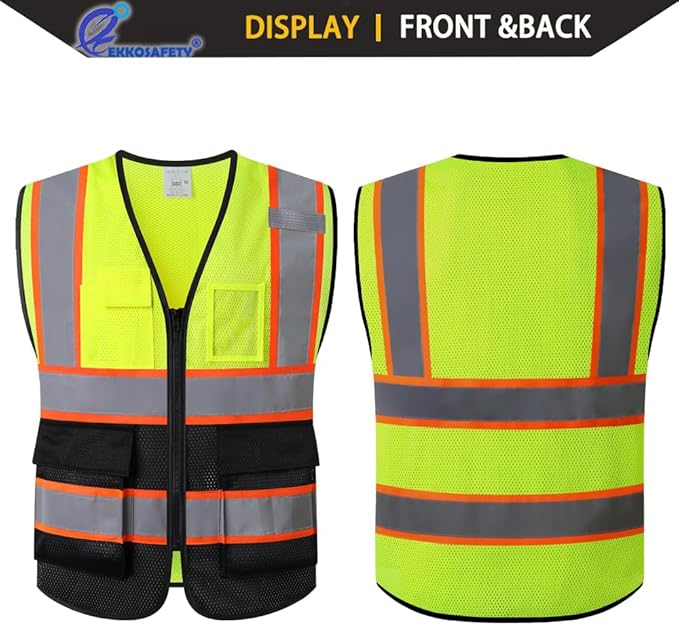 Reflective Mesh Safety Vest for Men Women with 5 Pockets and Zipper Front High Visibility Mesh Vest Hi Vis Construction Work Vest,Meets ANSI/ISEA Standards(EK175-Yellowblack-2XL)