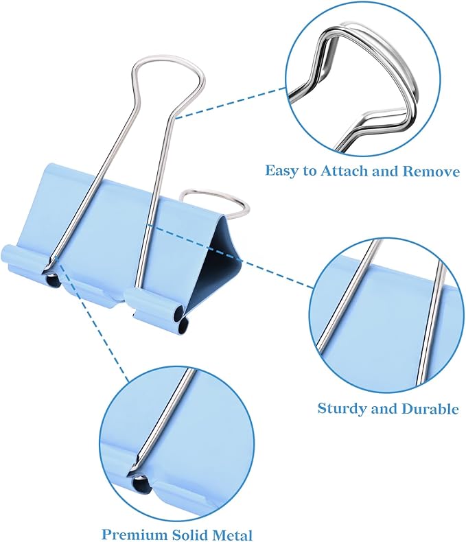Temiary Aesthetic Binder Clips, 12 Pcs 2 Inches Small Metal Binder Clip with Clear Storage Container, Binding Paperwork Clamps for School Teachers Office Supplies (Blue)
