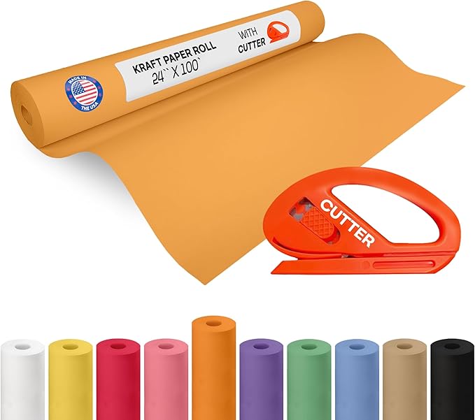 Orange Kraft Paper Roll 24" x 1200" (100 feet) with Cutter - USA-Made Gift Wrapping Paper for Packing, Moving, Shipping & Crafts/Arts - 100% Recyclable Natural Craft Material by IDL Packaging