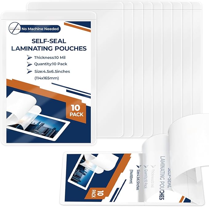 10 Pack 10 Mil 4"x6" Self Sealing Laminating Pouches Self Adhesive Lamination Pouches Clear Laminate Sheets for Office School Home Supplies(No Heat Laminating Sheets & No Laminator Machine Need)