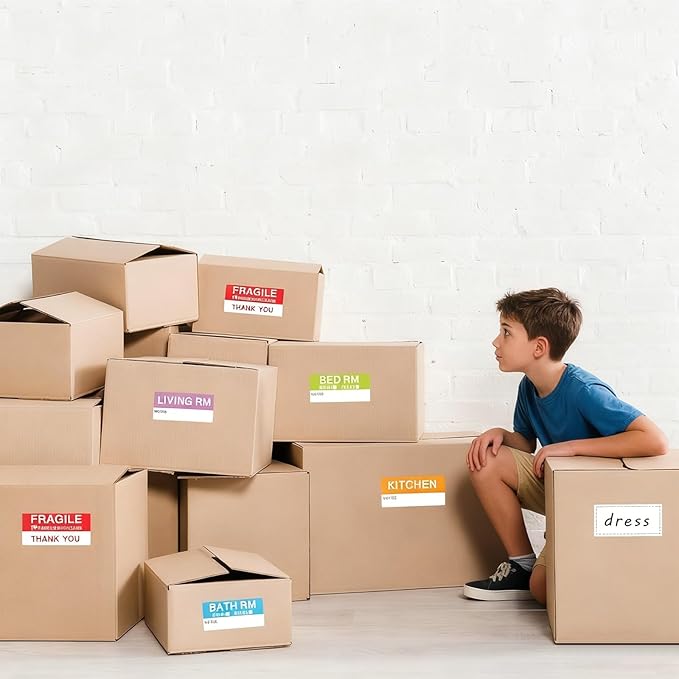 400 Pcs 1.65 x 3.5 Inches Large Home Moving Packing Box Labels, 6-Color Coded Packing Box Stickers with Fragile and Blank Customizable Labels