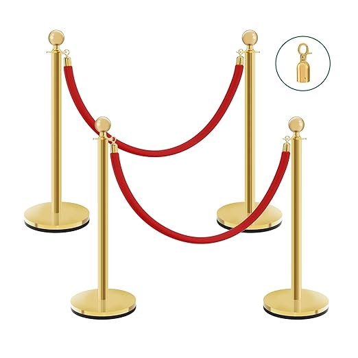 Gold Stanchions with Red Velvet Ropes - 4 Pack Stainless Steel Posts, Fillable PE Base, Crowd Control Barriers for Weddings, Events & Parties (gold-hollow-4PCS)