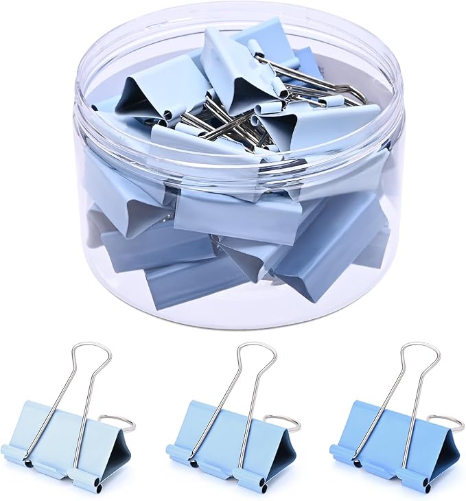Temiary Aesthetic Binder Clips, 24 Pcs 1.6 Inches Small Metal Binder Clip with Clear Storage Container, Binding Paperwork Clamps for School Teachers Office Supplies (Blue)