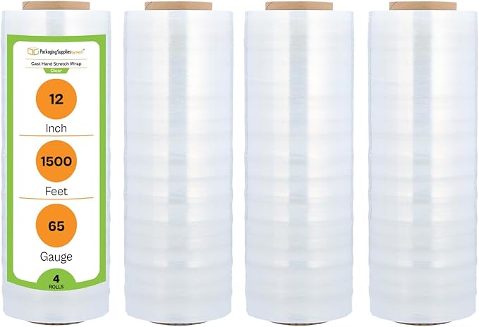 PSBM Stretch Wrap, 4 Pack, 12 Inch x 1500 Feet, 65 Gauge, Clear Plastic Cling, Cast Hand Stretch Film Rolls for Packaging Moving Packing Pallets