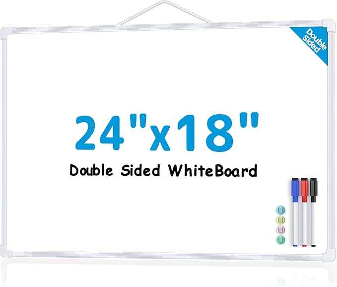 MaxGear White Board for Wall, 24" x 18" Double Sided Dry Erase Board, Magnetic White Board Hanging Whiteboard for Home, School, Office