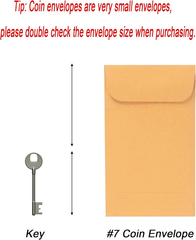 500 PCS #7 Coin Envelopes, 3.5 x 6.5 inches Brown Kraft Envelopes Classic Small Parts Envelopes with Self Adhesive Gummed Flap for Coins, Cash, Credit Cards, Seeds